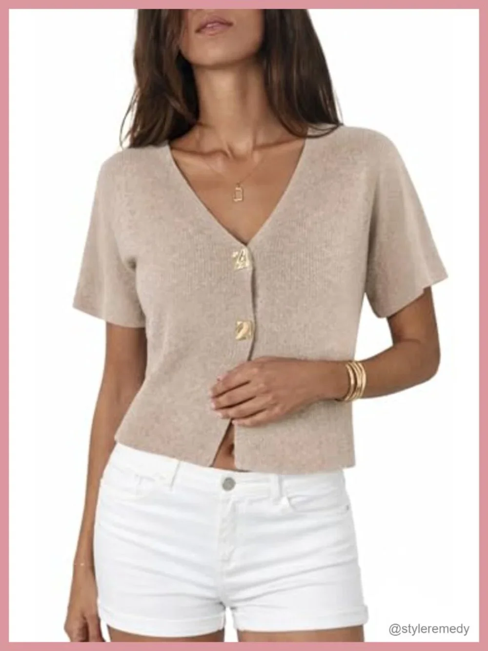 Cropped Knit Cardigan Top Short Sleeve V-Neck Button Front Lightweight Spring